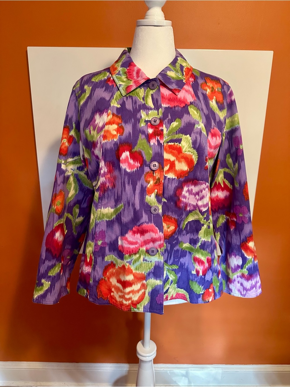 Coldwater Creek Purple Ikat Floral Cotton Shirt Jacket 1X Plus Size